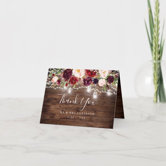 Carte De Remerciements Bois rustique Bourgogne Floral Lumières Mariage (Devant)