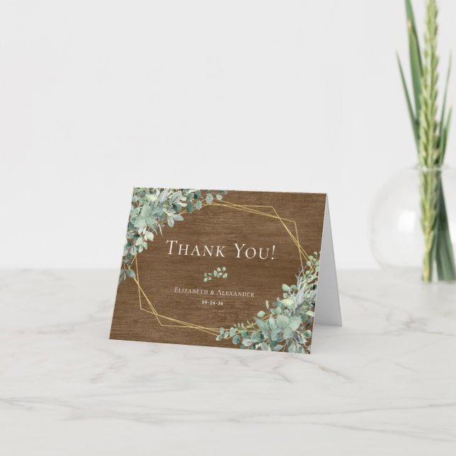 Carte De Remerciements Bois rustique Eucalyptus Vert Mariage géométrique (Devant)