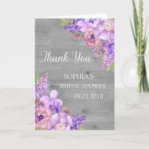 Carte De Remerciements Bois rustique violet Fête des mariées Florale Merc