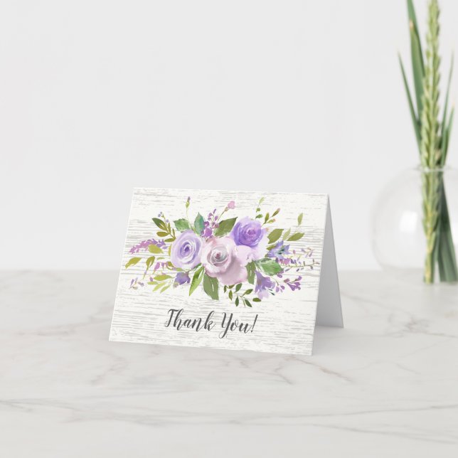 Carte De Remerciements bois rustique violet Fête des mariées florale Merc (Devant)