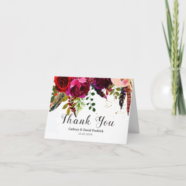 Carte De Remerciements Bold Boho Burgundy Floral Mariage (Devant)