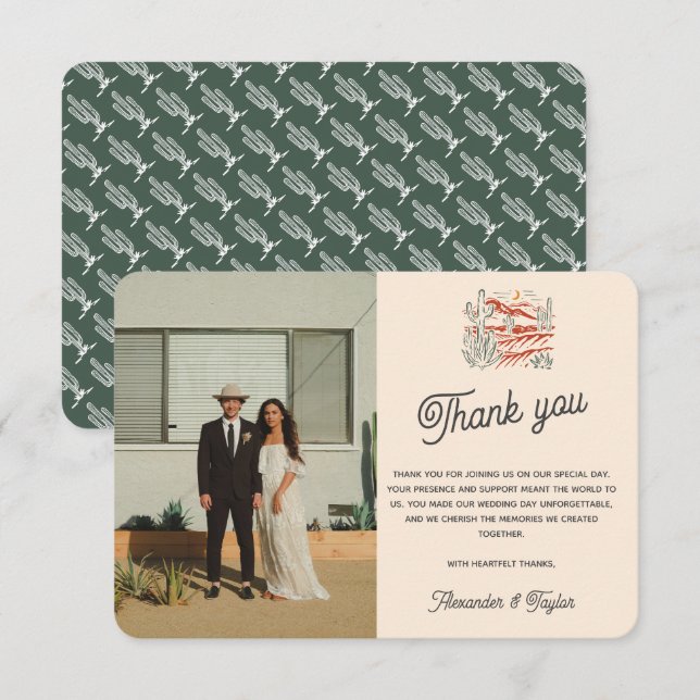 Carte De Remerciements Bold Retro Saguaro Cactus Mariage paysage du déser (Devant / Derrière)