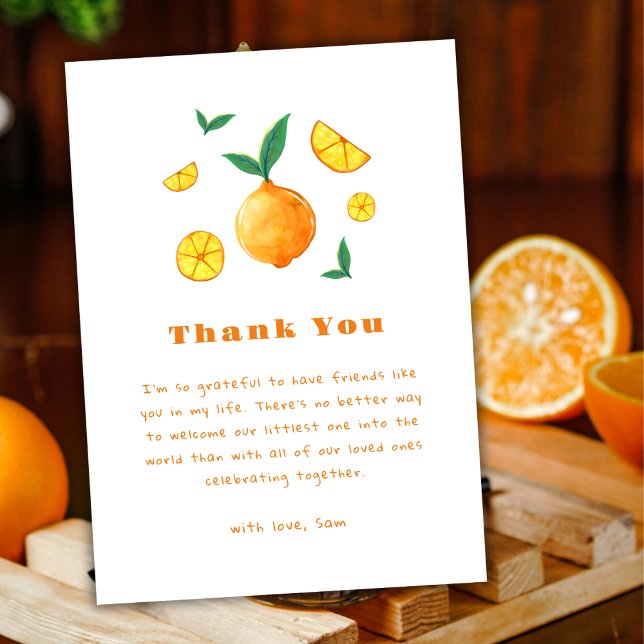 Carte De Remerciements Bonjour Baby Citrus Orange Baby shower de ferme (Hello Baby Citrus Orange Farm Baby Shower Thank You Card)
