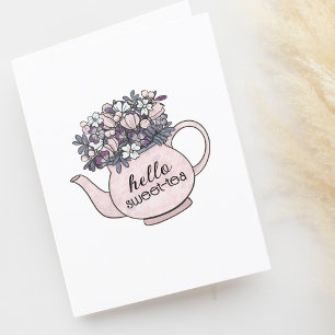 Carte De Remerciements Bonjour Sweetie Teapot avec Fleurs Blank