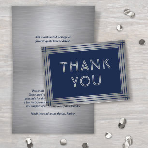 Carte De Remerciements Bordure Classique Brosse Grise et Bleu Marine Plié