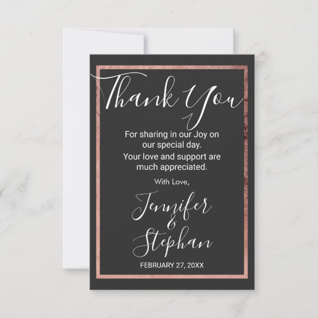 Carte De Remerciements Bordure rose Gold Outline Mariage noir simple (Devant)