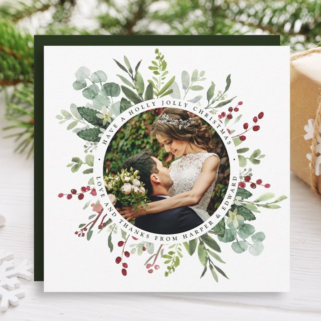 Carte De Remerciements Botanical Greenery Mariage de Noël Carré photo (Créateur téléchargé)