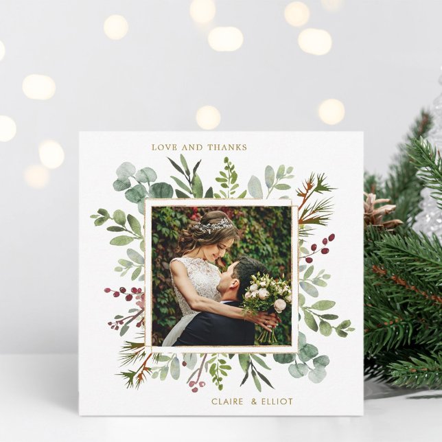 Carte De Remerciements Botanical Greenery Mariage de Noël Carré photo (Créateur téléchargé)