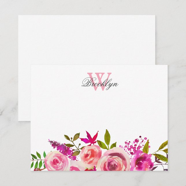 Carte De Remerciements Botanique rose vif Monogramme (Devant / Derrière)