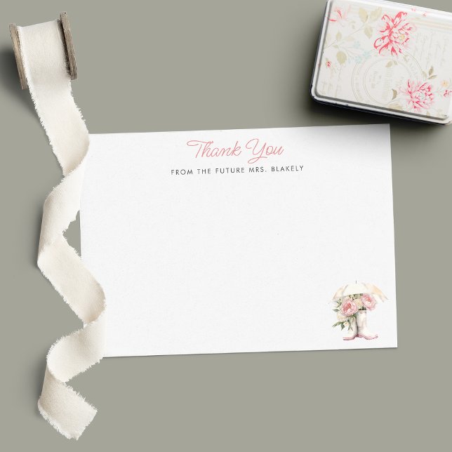 Carte De Remerciements Bottes blanches de pluie & Pivoines roses Mariage  (Créateur téléchargé)