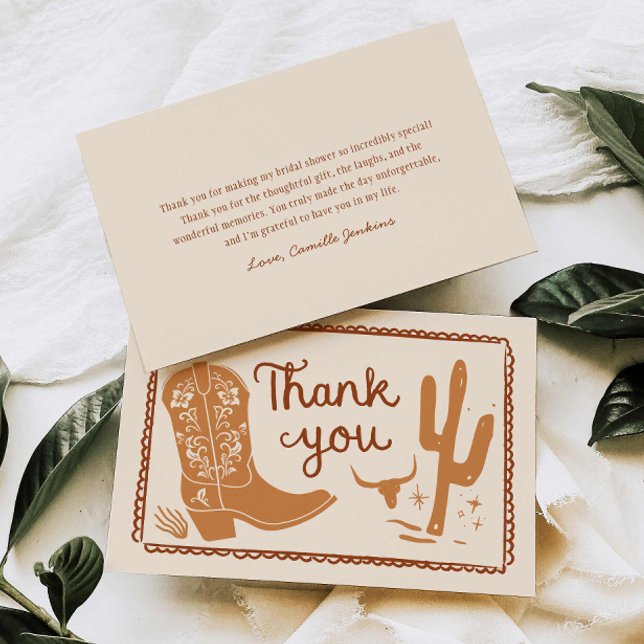 Carte De Remerciements Bottes rustiques et remerciements dessinés à la ma (Western Rustic Bridal Shower Thank you card)