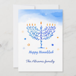 Carte De Remerciements Bougies Menorah Bleues et blanches avec souhaits H