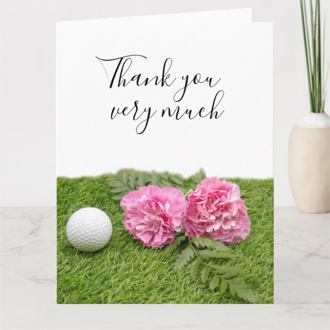 Carte De Remerciements Boule de golf avec fleurs Carnation rose sur vert (Devant)