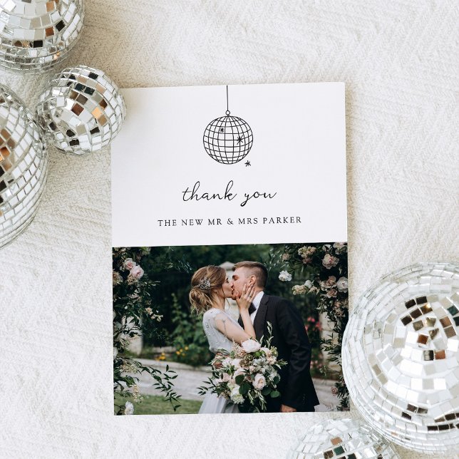 Carte De Remerciements Boule Disco Minimale | Photo Mariage noir et blanc (Créateur téléchargé)