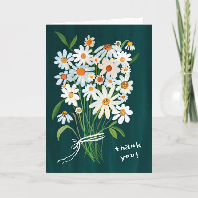 Carte De Remerciements Bouquet Daisy Fleurs Gouache peintes à la main Ver (Devant)