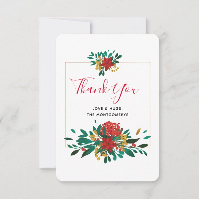 Carte De Remerciements Bouquet de Noël moderne rouge, vert et or (Devant)