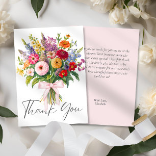 Carte De Remerciements Bouquet Fleurs de Jardin Colorées Pink Bow Script
