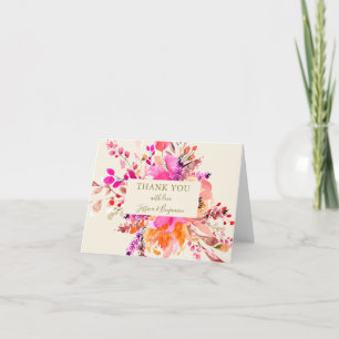 Carte De Remerciements Bouquet floral aquarelle rose mariage nom plié