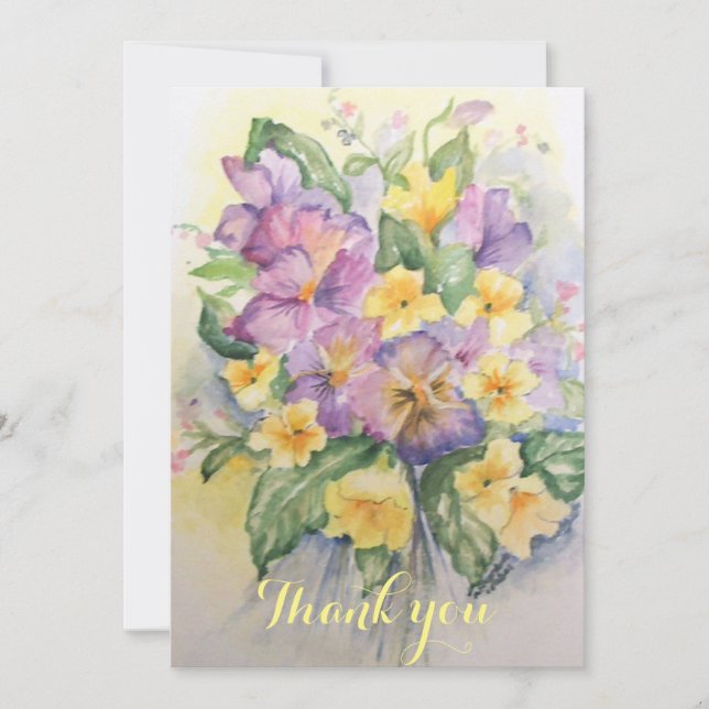 Carte De Remerciements Bouquet lilas aquarelle et pansies jaune clair (Devant)