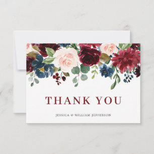 Carte De Remerciements Bourgogne Bleu Nuit Blush Floral Aquarelle