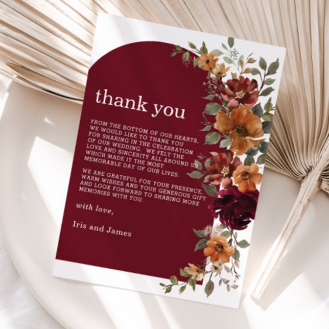 Carte De Remerciements Bourgogne Burange rouille Mariage floral (Créateur téléchargé)