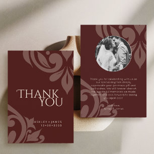 Carte De Remerciements Bourgogne Élégant Chic Damassé Photo Mariage 