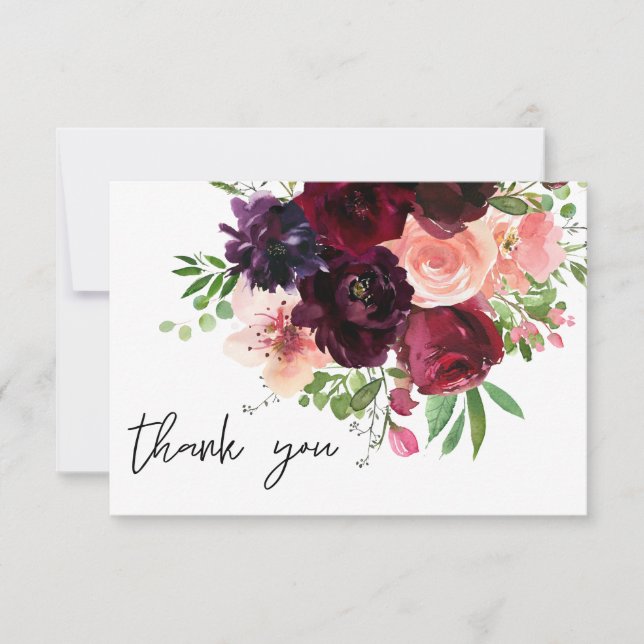 Carte De Remerciements Bourgogne et floral roux (Devant)