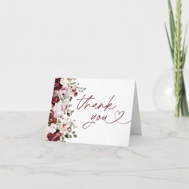 Carte De Remerciements Bourgogne Fête des mariées aux fleurs rose pâle (Devant)