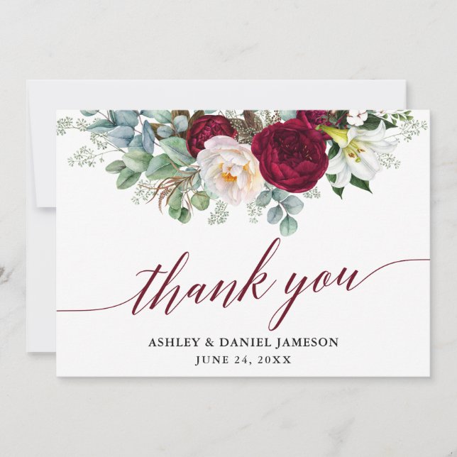 Carte De Remerciements Bourgogne Floral Mariage de calligraphie (Devant)
