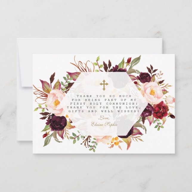 Carte De Remerciements Bourgogne Floral Or Géométrique Sainte Communion (Devant)