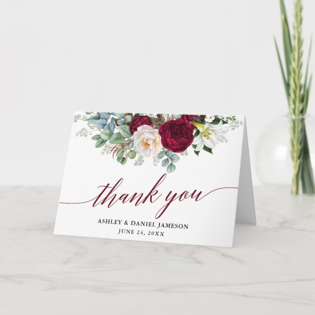 Carte De Remerciements Bourgogne Floral Vert Calligraphie Mariage Plier (Devant)