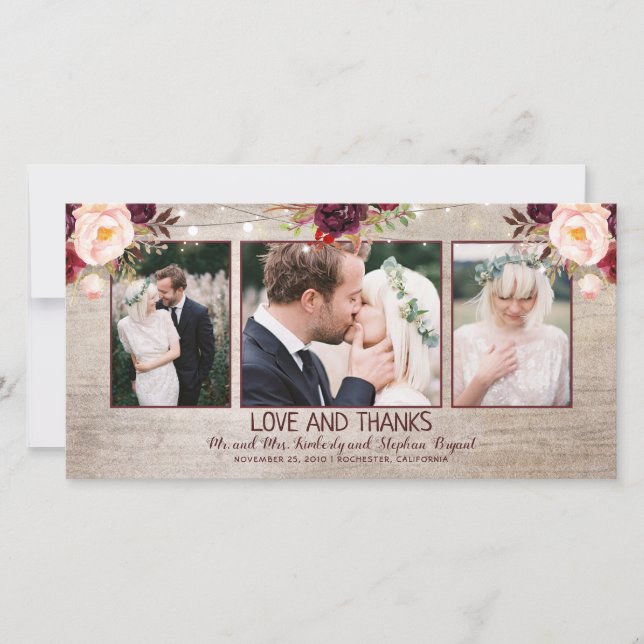Carte De Remerciements Bourgogne Florals Mariage campagnard rustique (Devant)
