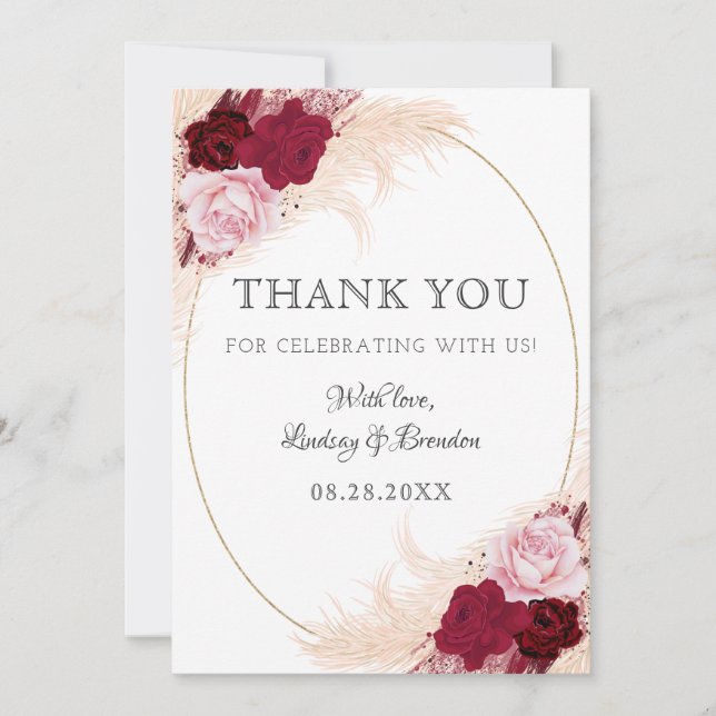 Carte De Remerciements Bourgogne Mariage Floral Anniversaire Pampas RSVP  (Devant)