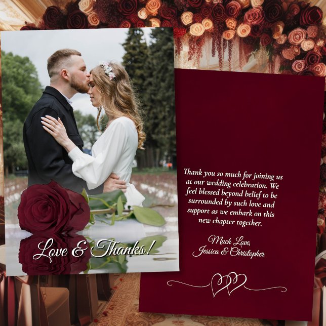 Carte De Remerciements Bourgogne Rose Élégant Mariage Photo Overlay (Front/Back)