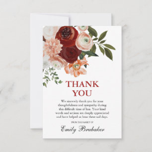 Carte De Remerciements Bourgogne Rouge Dusty Terracotta Floral Funéraille