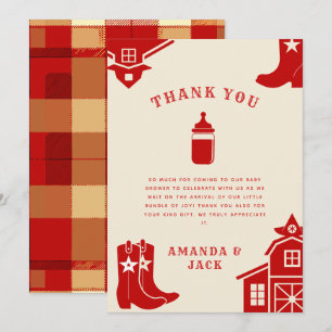 Carte De Remerciements Bouteilles & Boots Baby shower rouge rétro