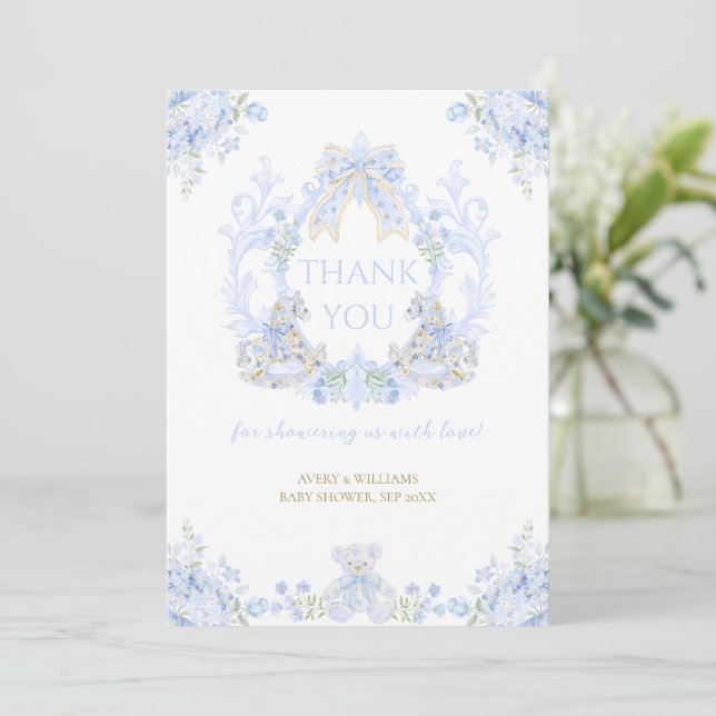 Carte De Remerciements Bow Floral Crest Rustic Blue Boy Baby shower (Debout devant)