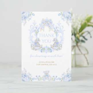 Carte De Remerciements Bow Floral Crest Rustic Blue Boy Baby shower