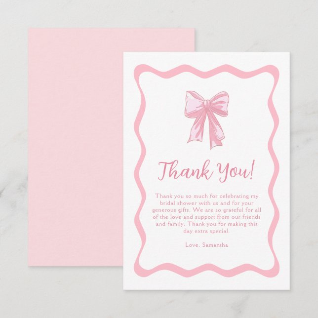 Carte De Remerciements Bow rose ondulé nouer la Fête des mariées (Devant / Derrière)