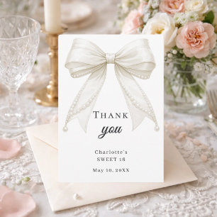 Carte De Remerciements Bow Sweet 16 blanc perles d'ivoire