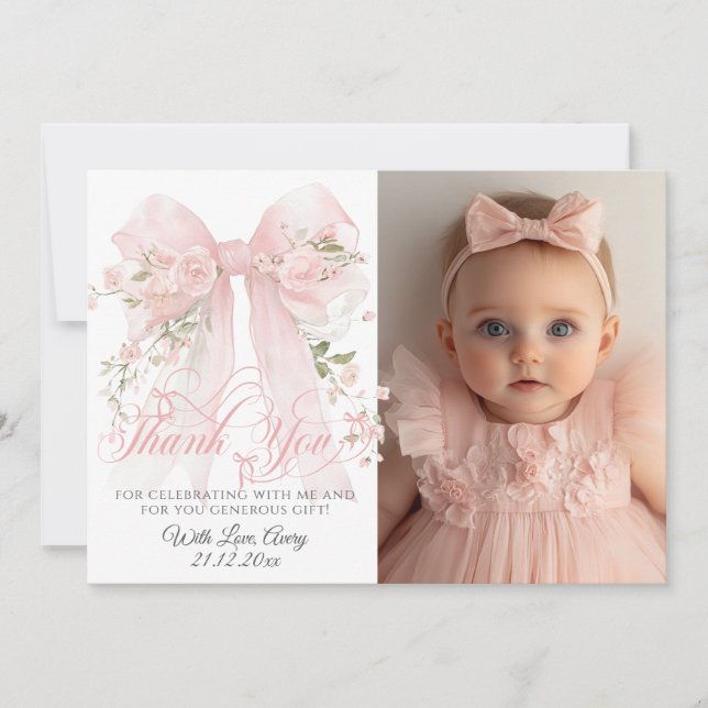 Carte De Remerciements Bowtiiful One Photo 1st Birthday Floral Bow Girls (Devant)