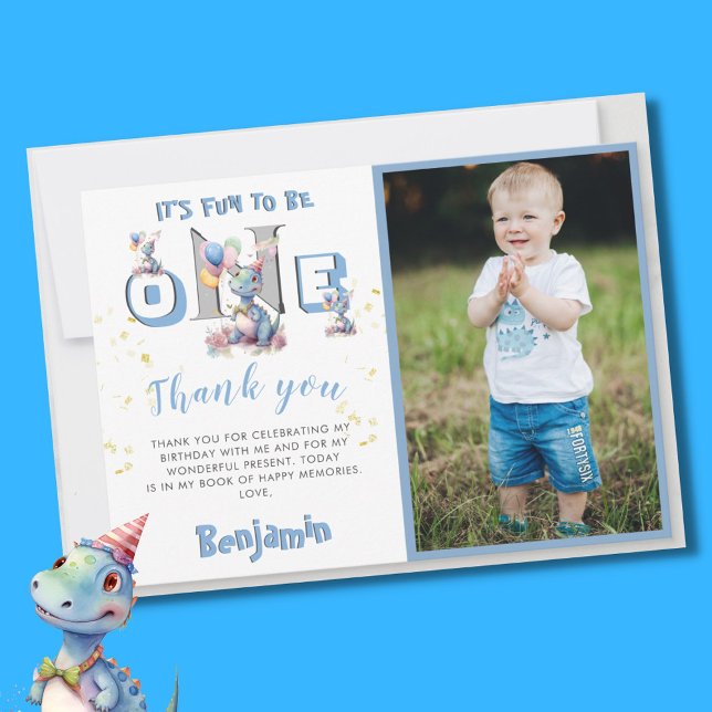 Carte De Remerciements Boy Dinosaur Photo personnalisée Premier anniversa (Créateur téléchargé)