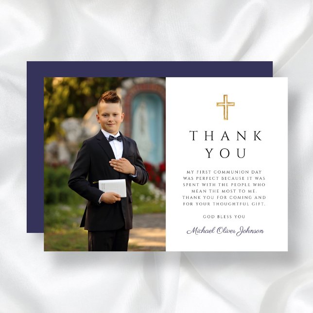 Carte De Remerciements Boy First Communion Croix Bleue Photo (Boy First Communion Blue Cross Photo Thank You Card)