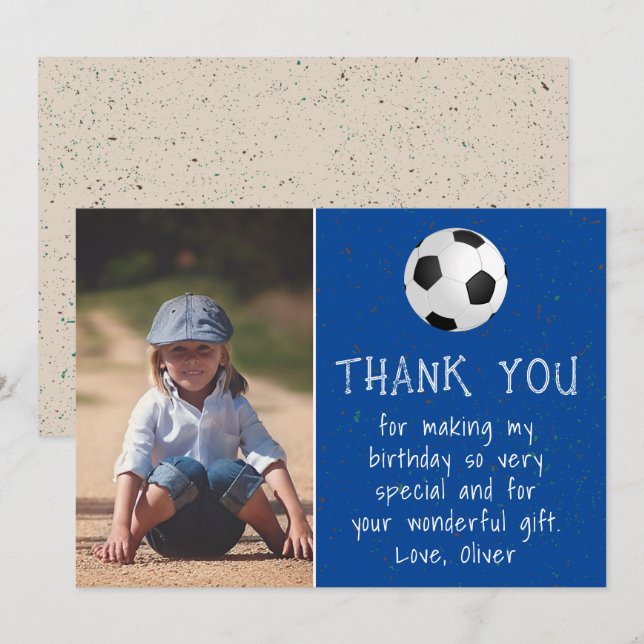 Carte De Remerciements Boy Photo Soccer Ball Anniversaire de l'enfant (Devant / Derrière)