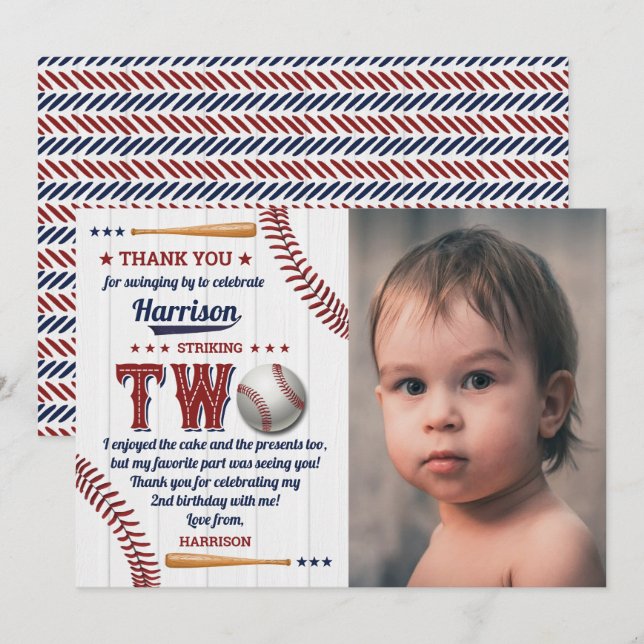 Carte De Remerciements Boys Baseball 2e anniversaire Photo (Devant / Derrière)