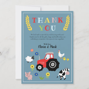 Carte De Remerciements Boys Cute Farm Animaux Baby shower tracteur