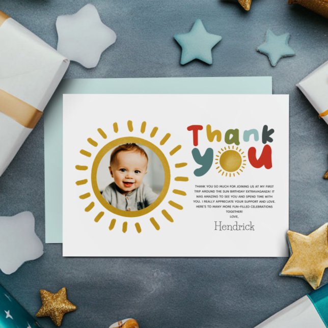Carte De Remerciements Boys Photo First Trip Around The Sun Birthday (Créateur téléchargé)