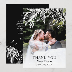 Carte De Remerciements Branche avec fleurs noires et blanches photo maria