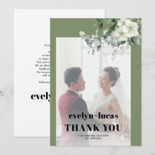 Carte De Remerciements Branche Eucalyptus et fleurs blanches photo mariag