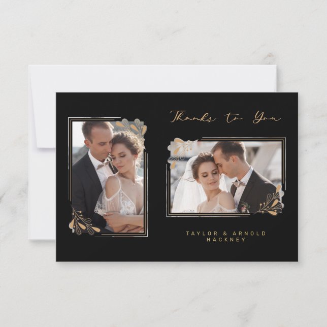 Carte De Remerciements Branches botaniques Cadre élégant 2 Photos Mariage (Devant)